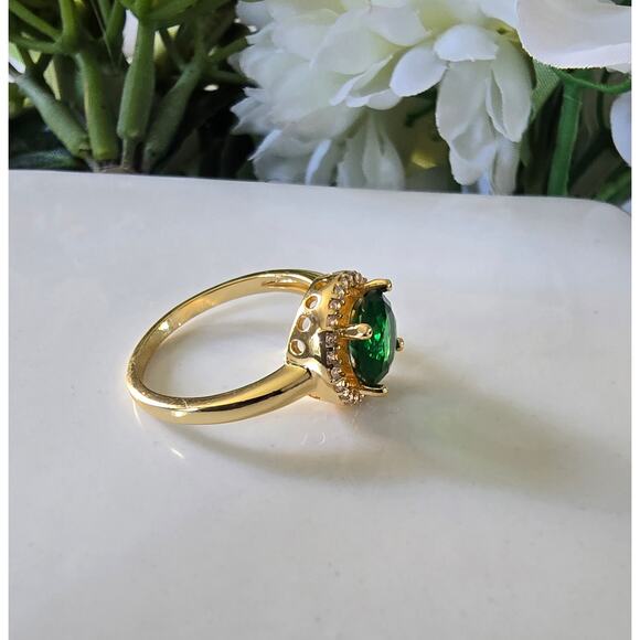 Gold Plated Green Round CZ Ring Size 6 New - Picture 3 of 5